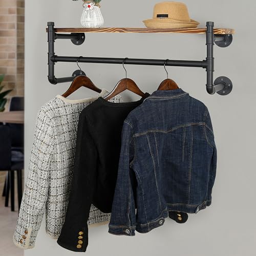 WEBI Wall Mounted Clothes Rack with Shelf,32" Industrial Pipe Clothing Rack with Shelves,Heavy Duty Iron Garment Rack Bar,Retail Display Clothes Rod for Clothes,Laundry Room,Black - color: Black, size: 32 Inch