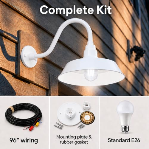 14in. White Outdoor Gooseneck Barn Light Fixture, 5000K Cool White - color: White (2-Pack), size: 14-1/2 in Gooseneck Arm
