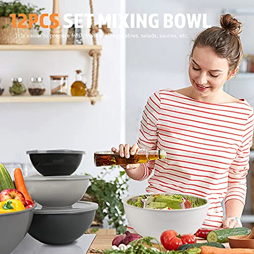 BoxedHome BPA Free Plastic Round Mixing Bowl with Lids, 12 Pack Nesting Bowls with Lids Set, Microwave and Dishwasher Safe Prep & Serving Bowls Great for Mixing, Baking, Serving (Grey, 12pcs) - color: Gray
