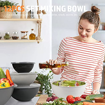 BoxedHome BPA Free Plastic Round Mixing Bowl with Lids, 12 Pack Nesting Bowls with Lids Set, Microwave and Dishwasher Safe Prep & Serving Bowls Great for Mixing, Baking, Serving (Grey, 12pcs) - color: Gray