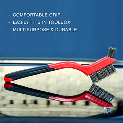 Wire Brush Set 3PCS - Nylon/Brass/Stainless Steel Bristles with Curved Handle Grip for Rust, Dirt & Paint Scrubbing with Deep Cleaning – 7 Inches (Red) - color: Red
