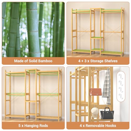 Homykic Bamboo Clothing Rack with 7 Shelves, 5 Hang Rods, 70” Wide, Natural - color: Natural, size: III Large