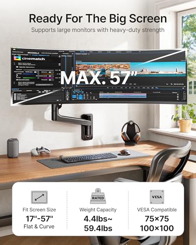 monTEK Single Monitor Wall Mount, 17–57" Gas Spring Arm, Heavy Duty, Black - color: Black