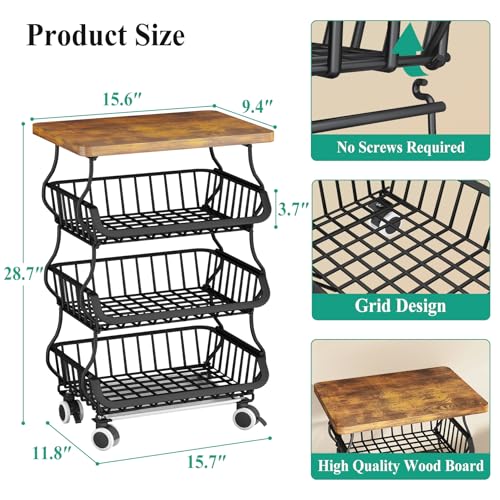 SAYZH 4-Tier Fruit and Vegetable Basket Stand for Kitchen, Wood Top, Black - color: Black, size: 4 Tiers