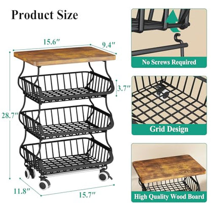 SAYZH 4-Tier Fruit and Vegetable Basket Stand for Kitchen, Wood Top, Black - color: Black, size: 4 Tiers