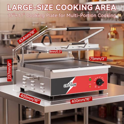 CROSSON 15"×11" Flat ETL Listed Commercial Electric Panini Grill,Hinged Auto Leveling Top Plate Panini Press Sandwitch Maker