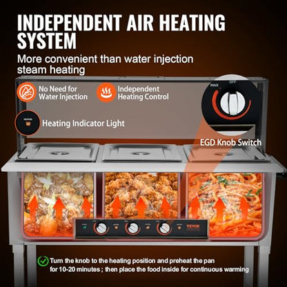 VEVOR 3-Pan Commercial Food Warmer, 3 x 20.6QT Electric Steam Table, 1500W Professional Buffet Catering Food Warmer with Acrylic Sneeze Guard, Food Grade Stainless Steel Server for Party Restaurant - size: 3-Pan (72 QT)
