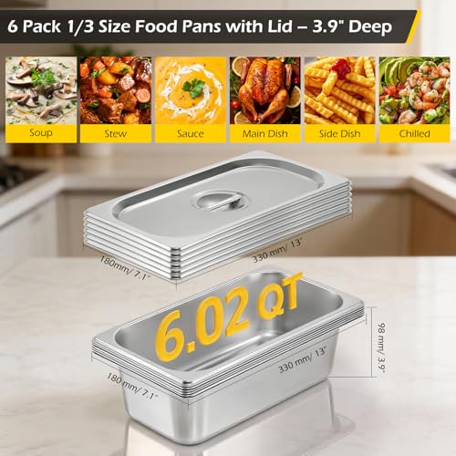 Dyna-Living Hotel Pans with Lid 1/3 Size Pan 4 Inch Deep 6 Pack Food Pans - color: With Lids, size: 4 Inch Deep