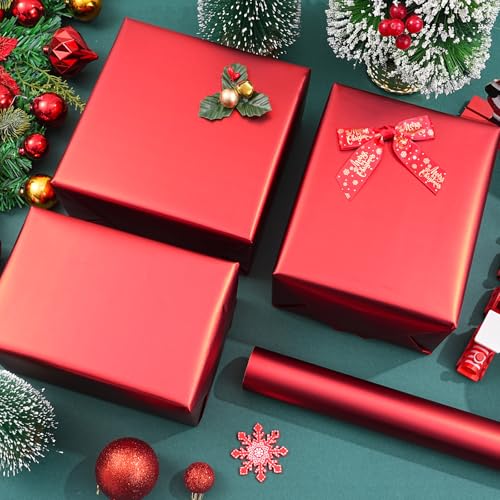 ZINTBIAL Metallic Red Wrapping Paper Roll with Cut Lines - Solid Red Holiday Gift Wrap for Graduation, Christmas, Birthdays, Baby Shower, Wedding - 17.5 in x 33 ft (48 sq. ft), Easy to Cut - color: Metallic-Red