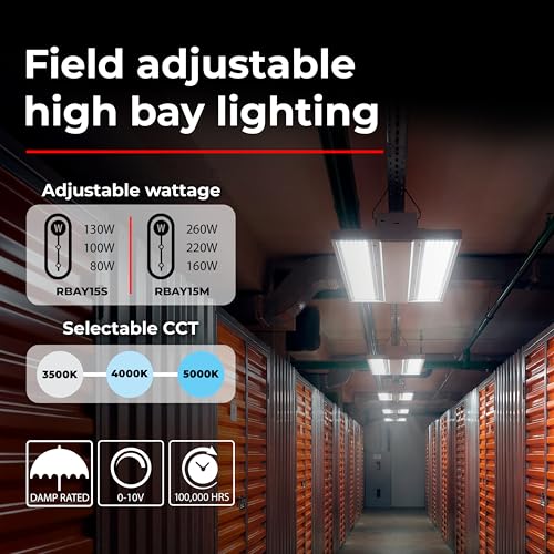 RAB Lighting RBAY15M LED High Bay Light - 260W 220W 160W Adjustable Linear High Bay Lighting Fixture - 3500K 4000K 5000K Dimmable 0-10V - Warehouse Lighting Shop Light 120-277V - size: M