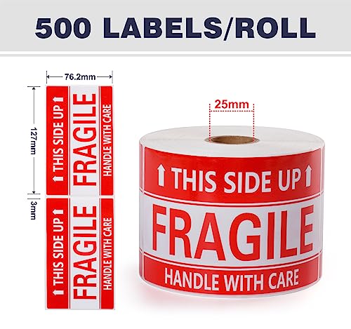 3 x 5 Inch Handle with Care This Side Up 500 Permanent Adhesive Fragile Stickers for Shipping Moving Glass Labels (1 Roll, 500 Labels) - size: 3" x 5", style: 1 Roll - 500 PCS- This Side Up