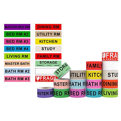 AveneMark 960 Count Home Moving Color-Coded Labels - 16 Rolls House Fragile Stickers, 4 Bedroom Blank Packing Labels for Box Supplies, 60 Labels per Roll, 1" x 4.5"