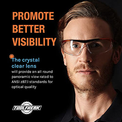 ToolFreak Safety Glasses, Wraparound Lens, ANSI z87.1, Impact Protection, U6 UV, Neck Cord and Microfibre Pouch,(Agent) - style: Clear Lens, Neck Cord + Hard Case