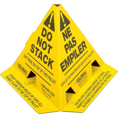 Global Industrial Trilingual "Do Not Stack" Printed Pallet Cones, 8"W x 8"L x 10"H, Corrugated Cardboard Construction, Yellow, 50/Pk, Prevents Double Stacking, Ships Flat