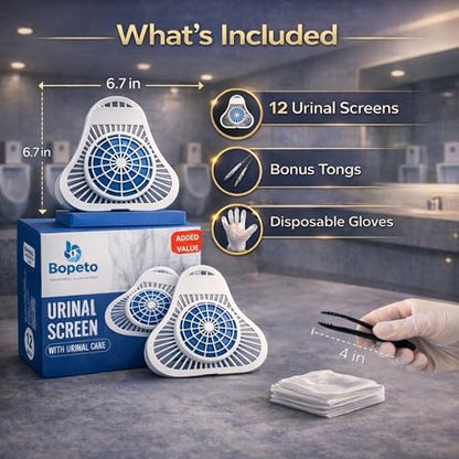 PREMIUM Urinal Screen Deodorizer-12 Pack, LONG-LASTING (Up to 30 DAYS/3000 FLUSHES), ANTI SPLASH & ODOR CONTROL, Urinal Cakes for Men Bathroom, Ocean Breeze Scent, with Gloves & Tongs