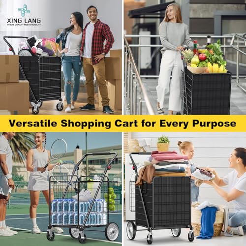 XINGLANG Heavy Duty Folding Shopping Cart – 5.7 Cu Ft, 600 lbs Capacity, Double Basket & Removable Waterproof Liner, 360° Swivel Wheels with Brakes, Adjustable & Rotating Handle for Laundry & Grocery - size: Gigantic