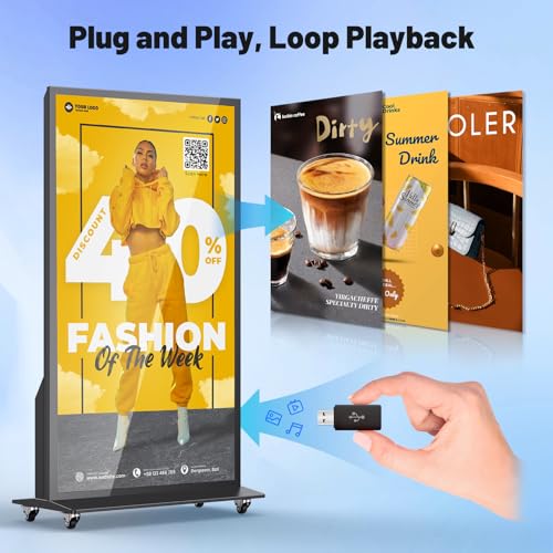 75 Inch Full Screen Indoor Floor Stand Digital Signage Kiosks Android 11 System 2GB+32GB LCD Poster Display With WiFi/HDMI/USB Input Auto Media Player, 4K UHD&CMS Remote Management for Retail Business - size: 75 Inch