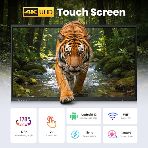 65'' 4K UHD Smart Board, Interactive Digital Whiteboard, 20-Point Touchscreen, All-in-One Electronic Whiteboard for Office Classroom Home Business - size: 65 Inch