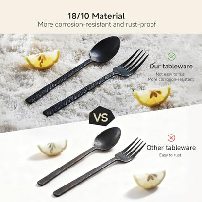 48 Pcs Black Hammered Silverware Set with Steak Knives for 8, 18/10 Steel - color: Black, size: 48-Piece