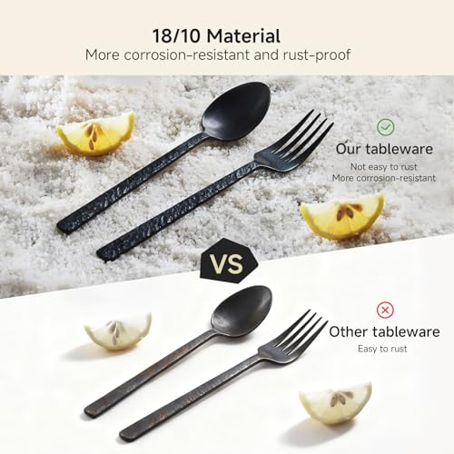 24 Pcs Black Hammered Silverware Set with Steak Knives for 4, 18/10 Steel - color: Black, size: 24-Piece