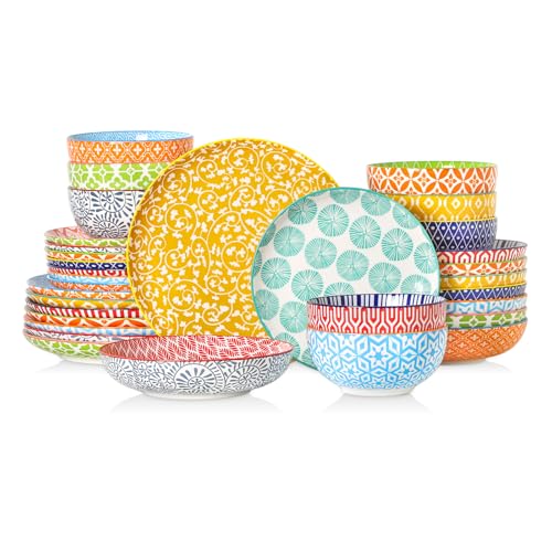 Selamica Ceramic Plates and Bowls Sets,32 Pieces Dinnerware Sets for 8,Scratch Resistant Dish Set for family gathering,Dishwasher & Microwave Safe, Assorted Colors - color: Assorted Colors, size: Service for 8 (32 Pcs)