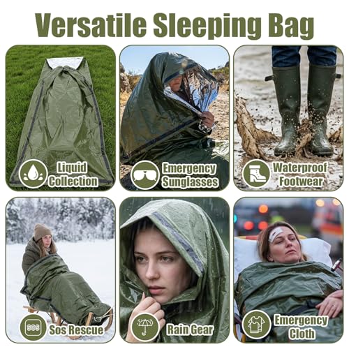 4 Pack Emergency Blanket Bivvy Bag - Waterproof Mylar Survival Sleeping Bag for Camping Hiking, Lightweight Thermal Bivy Sack, 74" x 33" x 12" Green Polyester Emergency Gear