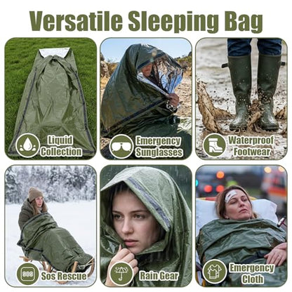 4 Pack Emergency Blanket Bivvy Bag - Waterproof Mylar Survival Sleeping Bag for Camping Hiking, Lightweight Thermal Bivy Sack, 74" x 33" x 12" Green Polyester Emergency Gear