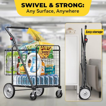 XINGLANG Heavy Duty Folding Shopping Cart – 5.7 Cu Ft, 600 lbs Capacity, Double Basket & Removable Waterproof Liner, 360° Swivel Wheels with Brakes, Adjustable & Rotating Handle for Laundry & Grocery - size: Gigantic