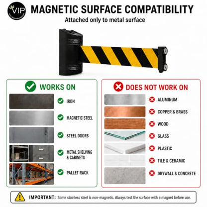 Magnetic Retractable Wall Barrier - Temporary Crowd Control Tool for Safety Queue Solution - 120" Belt Length Coverage with Strong Magnets by VIP Crowd Control (Black) - color: 120" Black