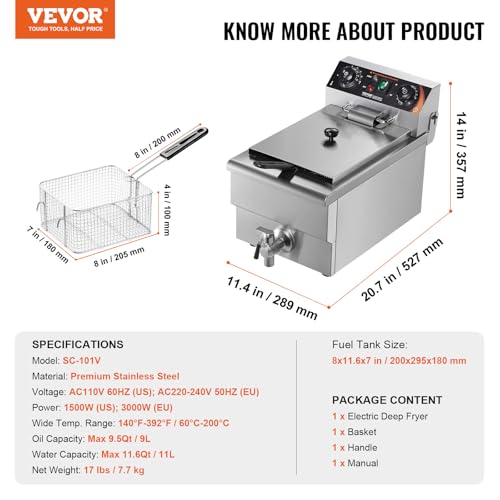 VEVOR Commercial Deep Fryer, 1500W Electric Countertop Fryer with Basket, 11.6Qt / 11L Stainless Steel Single Oil Fryer with Time & Temp Control, Overheat Protection, for Kitchen Restaurant Use - size: Single Fryer, style: Upgraded with Timer & Oil Filtra