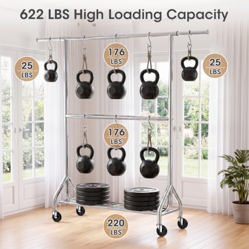 EAGMAK 622 LBS Double Rod Clothing Rack with Wheels Heavy Duty, Silver - color: Silver, size: 43.3"×18.9"×74.8"( Wheels)