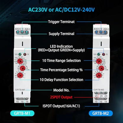 Multifunction Time Relay 16A Delay ON Off Time Relay GRT8-M1 AC230V - size: GRT8-M1 AC 230V