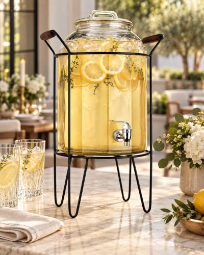 3 Gallon Glass Ice Cold Beverage Dispenser - With Glass Lid and Handle Drink Dispenser With Metal Stand, 100% Leak Proof Spigot- Wide Mouth Easy Filling For Outdoor, Parties & Daily Use - color: Clear Stand-3 Gallon
