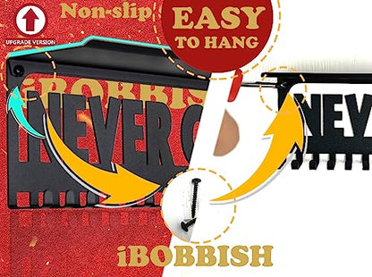 iBobbish Metal Medal Hanger Display,Non-Slip Trophy Shelf with 20 Hooks,Wall Mount,Heavy Duty,Non-Bent,Holds 22-33lbs,for Gymnastics,Race,Soccer,Swim - color: Black, style: NON-SLIP NEVER GIVE UP
