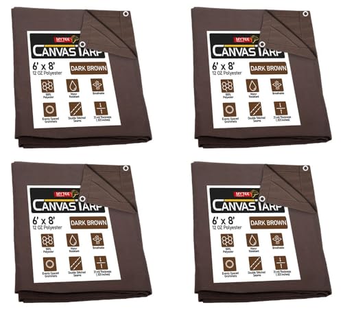 (4 Pack) 6' x 8' Dark Brown Canvas Tarp 12oz - Water Resistant & Breathable - Heavy Duty Tarps - Multipurpose Tarpaulin Cover for Camping Tent - color: Dark Brown (4 Pcs), size: 6' x 8'