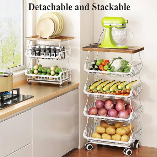 SAYZH 5-Tier Fruit and Vegetable Basket Stand for Kitchen, Wood Top, White - color: White, size: 5 Tiers