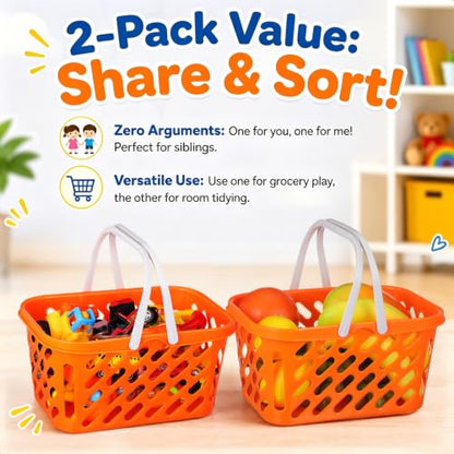 NUOBESTY Pretend Play Toy Shopping Basket 2 Pack - Orange Plastic Grocery Baskets with Handles for Toddlers, Mini Market Kitchen Accessories & Play Food Storage