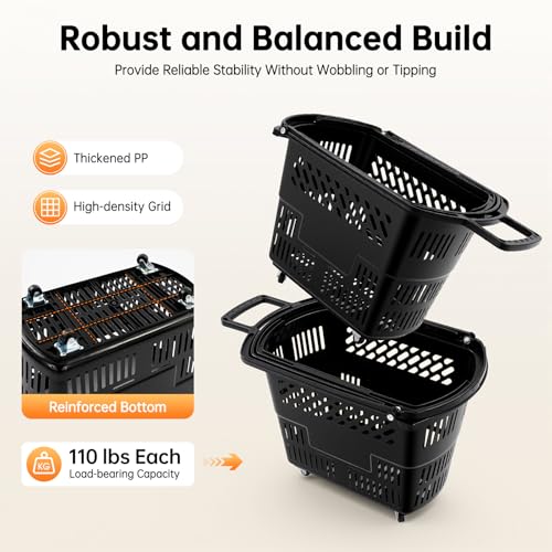 6 PCS Rolling Shopping Basket, 9 Gal Plastic Shopping Carts (Black) - color: Black