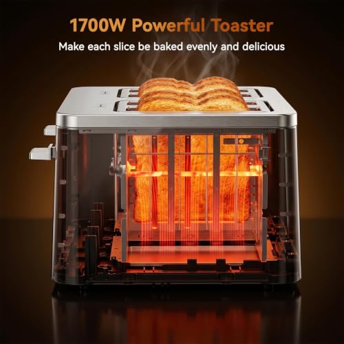 Mecity 4 Slice Touchscreen Toaster, 6 Bread Modes & 6 Browning Levels, Dual Touch Control Wide Slot Stainless Steel Electric Toaster with Memory, Defrost, 3-Min Auto Shutoff for White, Bagels, Waffles - color: 4 Slot-Brushed stainless steel
