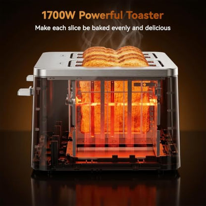 Mecity 4 Slice Touchscreen Toaster, 6 Bread Modes & 6 Browning Levels, Dual Touch Control Wide Slot Stainless Steel Electric Toaster with Memory, Defrost, 3-Min Auto Shutoff for White, Bagels, Waffles - color: 4 Slot-Brushed stainless steel