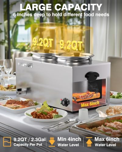 WantJoin Commercial Soup Warmer - 20 QT Stainless Steel Bain Marie Warmer with 2 Round Pots, 86-185°F Adjustable Temp, 1500W Electric Steam Table Food Warmer - size: 2 Round Pots-11.6QT
