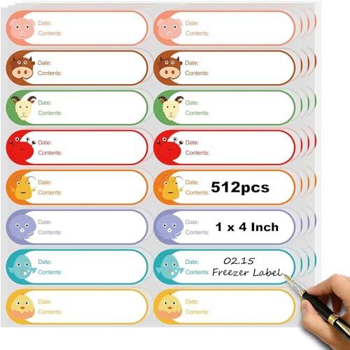512pcs 1 x 4 Inch Baby Milk Bottle Labels to Write On,Freezer Labels Removable, Food Labels Cartoon Waterproof, No Residue Food Storage Labels for Kitchen, Mason Jar Labels,Can Not be Torn - color: Freezercartoon-8 Colors