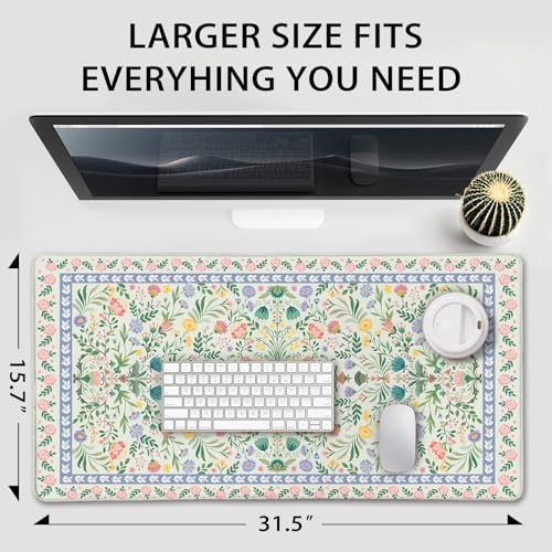 Green Floral Desk Mat Large Mouse Pad 31.5"x15.7" Non-Slip - color: Green Floral