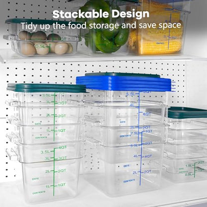 4 Pack Food Storage Containers with Blue Lids, 6.0 Qt - Square, Clear, Polycarbonate, for Restaurant Commercial Kitchen and Home party - color: 6.0 Qt-Blue Lids