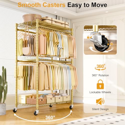 ULIFHOME Rolling Clothes Rack, Clothing Racks for Hanging Clothes, Gold - color: Gold, size: P4 Plus