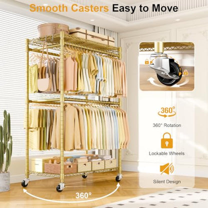 ULIFHOME Rolling Clothes Rack, Clothing Racks for Hanging Clothes, Gold - color: Gold, size: P4 Plus