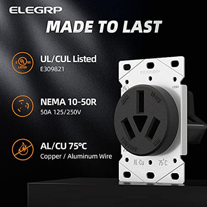 ELEGRP 50 Amps Range Power Receptacle,125/250V Flush Mounting Power Outlet, NEMA 10-50R, Straight Blade Range Outlet, Non-Grounding, 3 Pole 3 Wire, UL Listed, 1 Pack - style: NEMA 10-50R Outlet