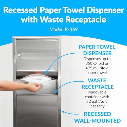 BOBRICK 369 ClassicSeries Stainless Steel Recessed Paper Towel Dispenser with 2-Gallon Waste Receptacle, 28" Height, 14" Width, Satin Finish