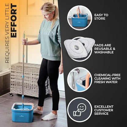 Mop and Bucket Set with Wringer, Dual-Chamber Flat Mop, Blue – ALANBERG - color: Blue