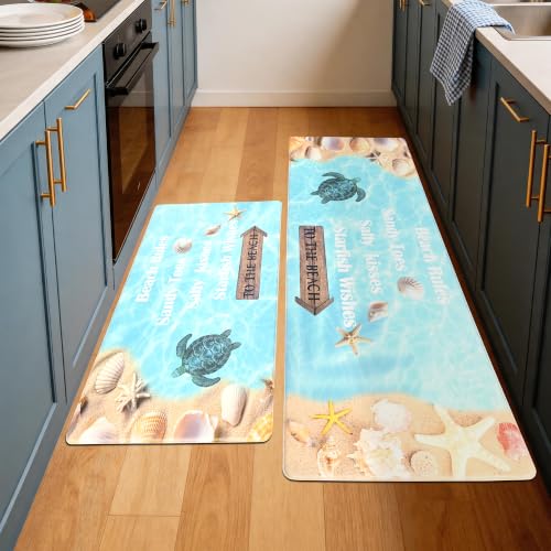 Coastal Kitchen Mats for Floor Beach-Themed Cushioned Anti Fatigue Mats for Kitchen Floor for Sink, Stove, Desk, Laundry,17"x30"+17"x47", Lake Blue - color: Lake Blue, size: 17"x30"+17"x47"